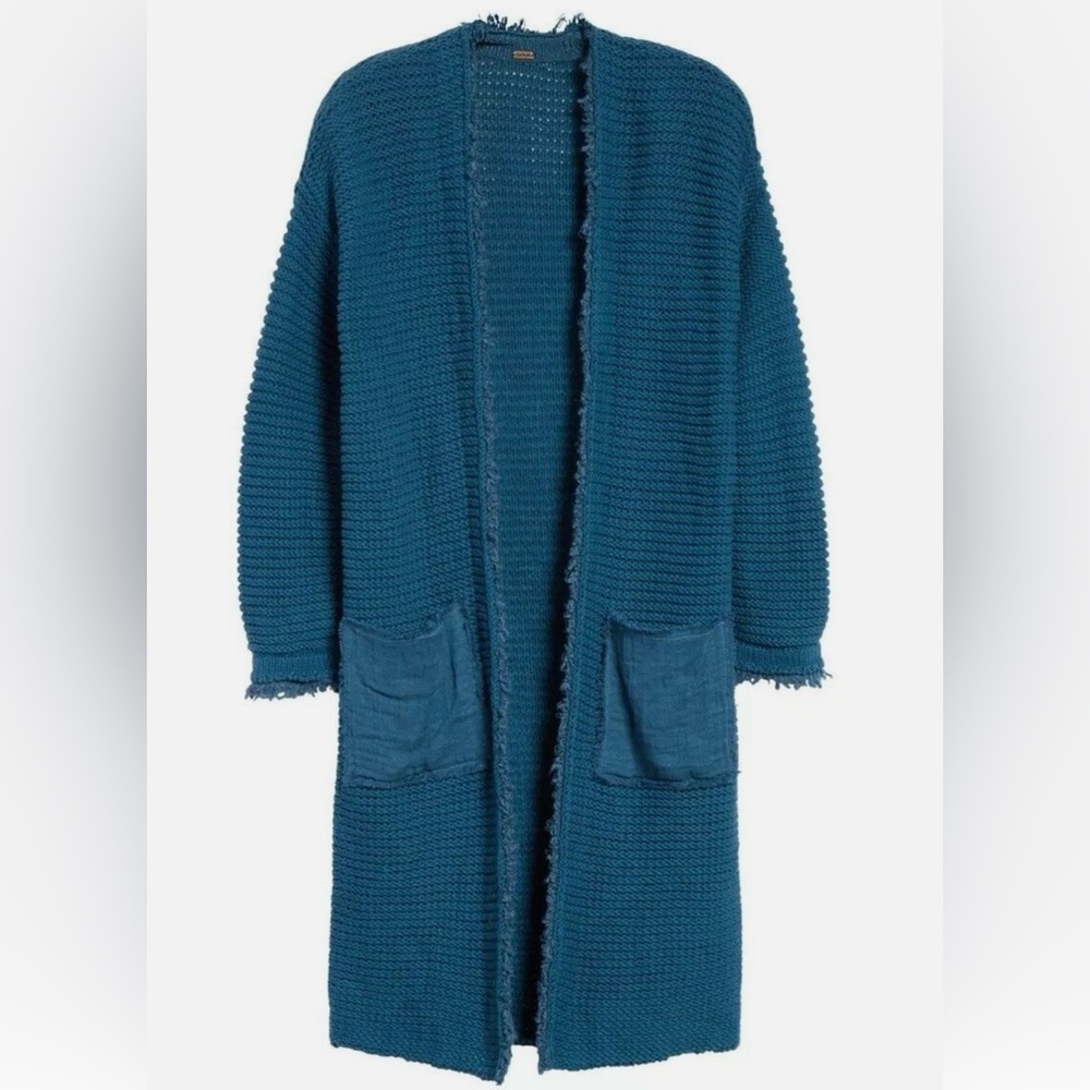 Free People Teal Blue Woodstock Long Cardigan